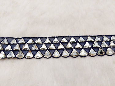Navy Blue Lace Trim with Silver Gota (Indian Foil Work) and Real Mirror, Decorative Trim Costume Trim Fashion Trim By Yard